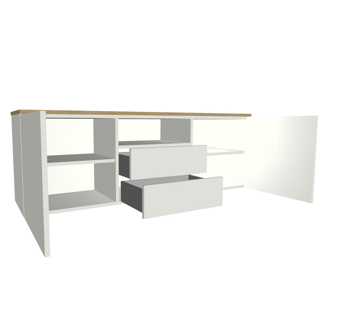 Simple meuble TV bas ouvert contenant portes, étagères et tiroirs