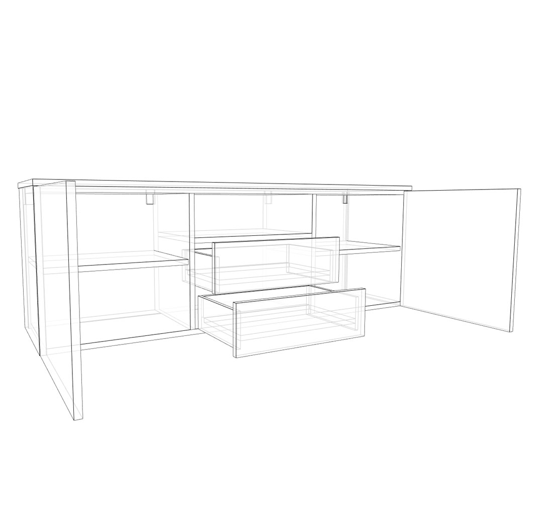 Simple meuble de TV bas - structure visible: tiroirs, étagères, portes et niche